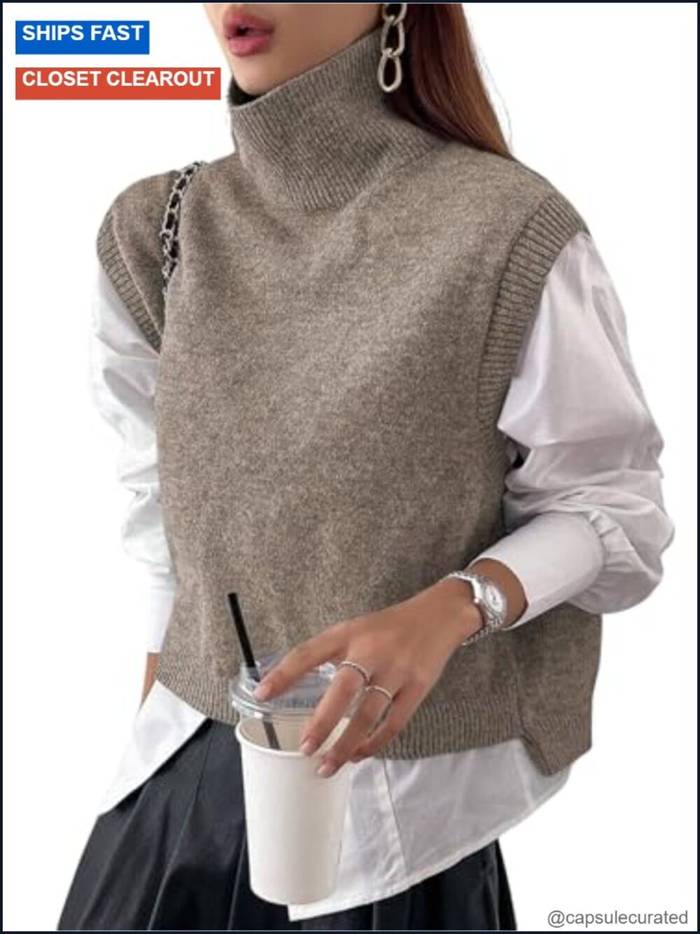Sleeveless Turtleneck Crop Sweater Vest Knitted High Neck Loose Fit Streetwear